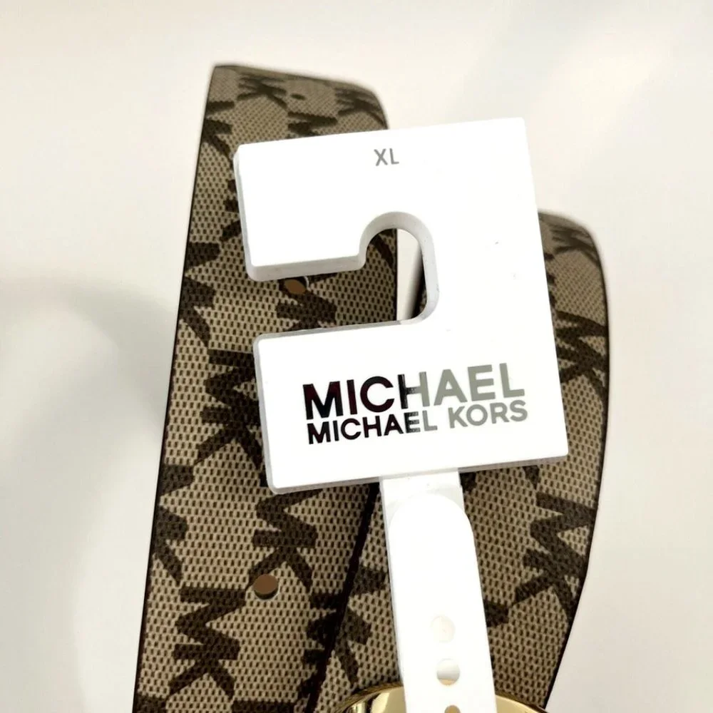 NWT Original MICHAEL KORS Signature Brown Beige Gold Belt 556196C Logo Brand - Picture 6 of 8